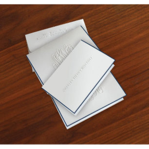Navy Hand Bordered Embossed Stationery - Fold Note
