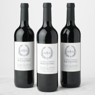 Navy hand drawn leaf monogram art wedding wine lab label