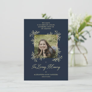 Navy Hand Lettered Chic Flourish Funeral Memorial Card