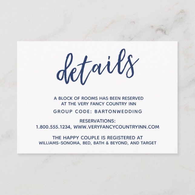 Navy Handwriting Wedding Details & Accommodation Enclosure Card (Front)