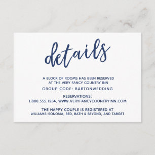 Navy Handwriting Wedding Details & Accommodation Enclosure Card