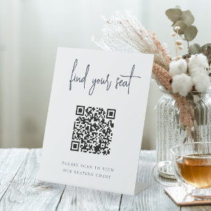Navy Handwritten Script QR Code Wedding Seating Pedestal Sign