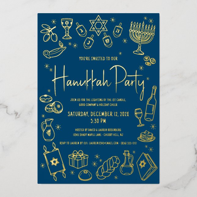 Navy Hanukkah Hand Drawn Doodles Playful Real Gold Foil Holiday Card (Front)