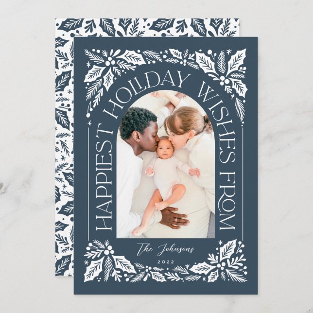 Navy Happiest Wishes Arch Berry 3 Photo Collage Holiday Card (Front/Back)