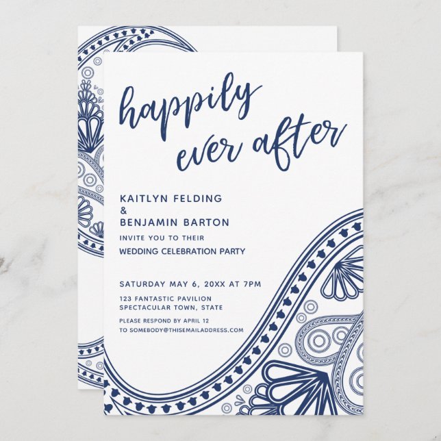 Navy Happily Ever After Paisley Reception-Only Invitation (Front/Back)