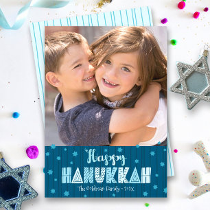 Navy Happy Hanukkah Photo Fun Typography Modern Holiday Card