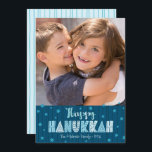 Navy Happy Hanukkah Photo Fun Typography Modern Holiday Card<br><div class="desc">“Happy Hanukkah.” Fun, playful, whimsical handcrafted typography along with a random Star of David pattern in dusty blue all overlaying midnight navy blue hand drawn lines on a dark teal blue background, along with a photo of your choice, help you usher in Hanukkah. Hand drawn turquoise lines overlay a light...</div>