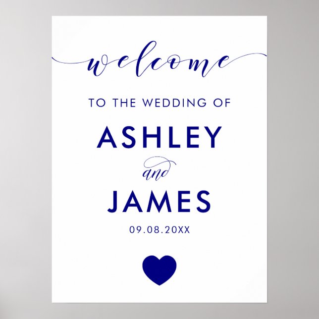 Navy Heart Wedding Welcome Sign, Navy Blue Poster (Front)