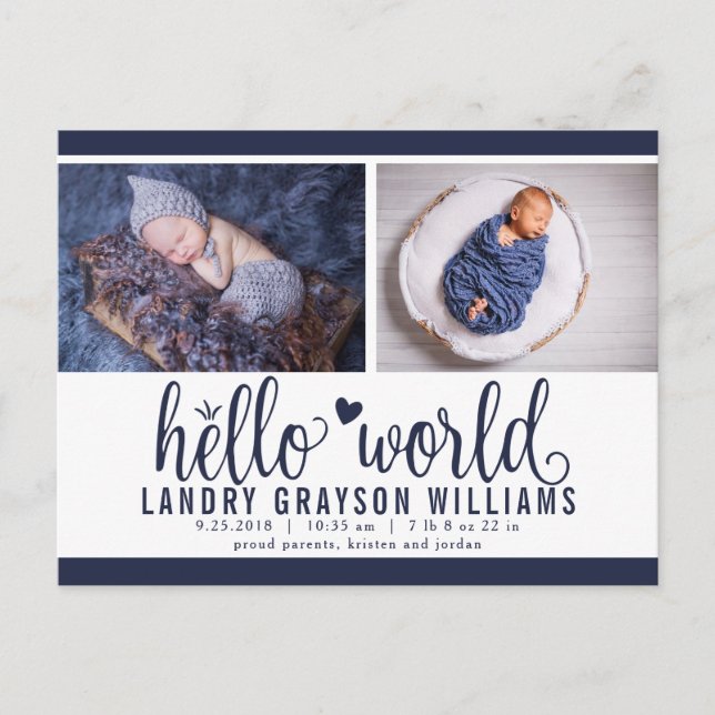 Navy Hello World Photo Birth Stat Announcement Postcard (Front)