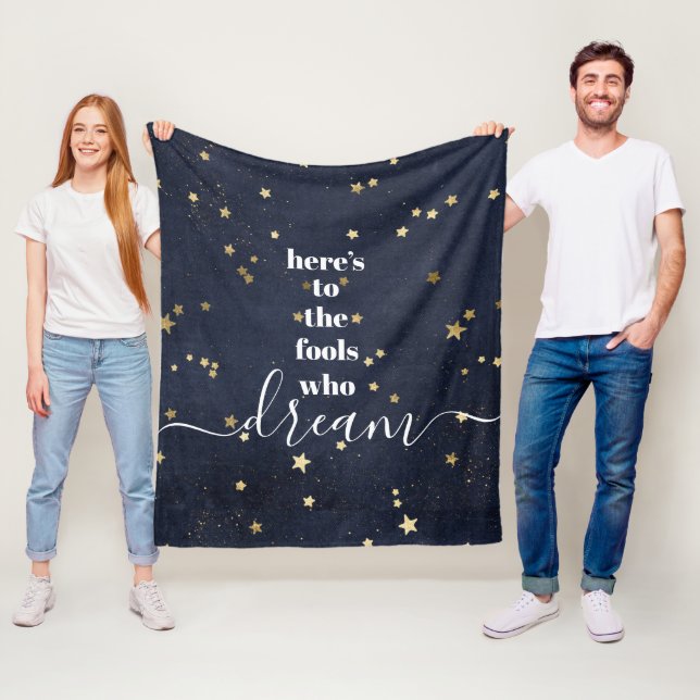 Navy Here’s to Fools Who Dream Gold Stars Modern Fleece Blanket (In Situ)