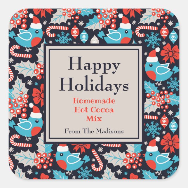 Navy Holiday Birds and Holly Hot Cocoa Mix Label (Front)
