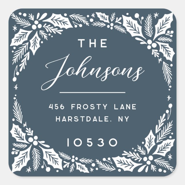 Navy Holly Berry Holiday Return Address Square Sticker (Front)