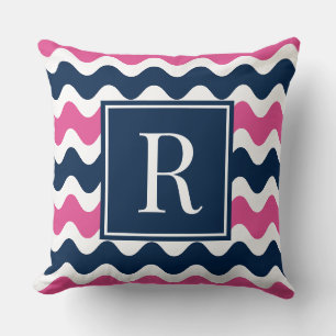 Navy & Hot Pink Preppy Ric Rac Stripe Monogram Cushion