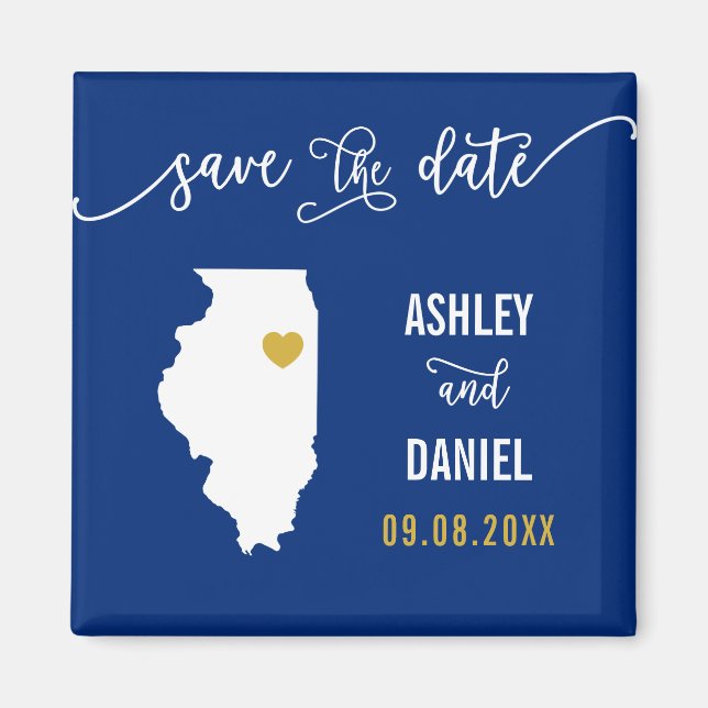 Navy Illinois Wedding Save the Date Map Magnet (Front)