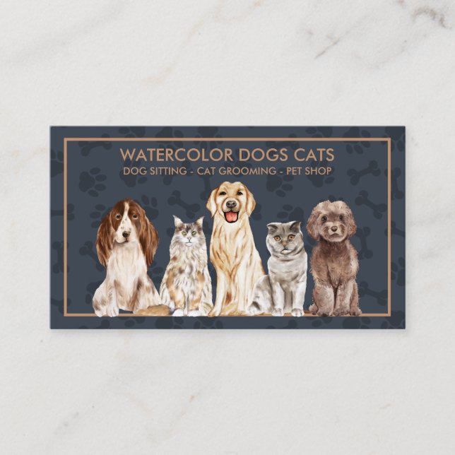 Navy Illustration Paws Dogs Cats Pet Business Card (Front)