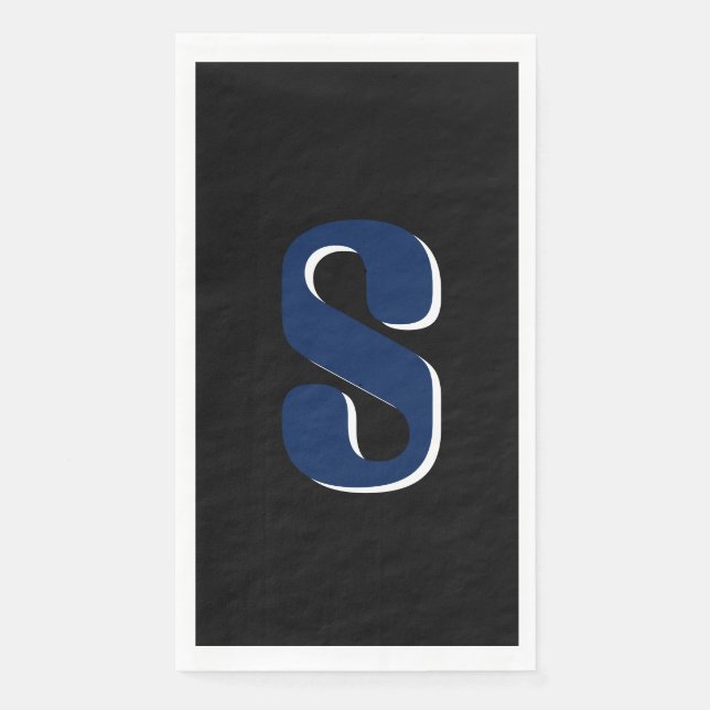 Navy Indigo 3D Modern Custom Initial | Black Napkin (Front)