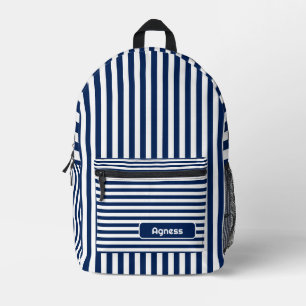 Navy Indigo and White Vintage Striped Name Printed Backpack