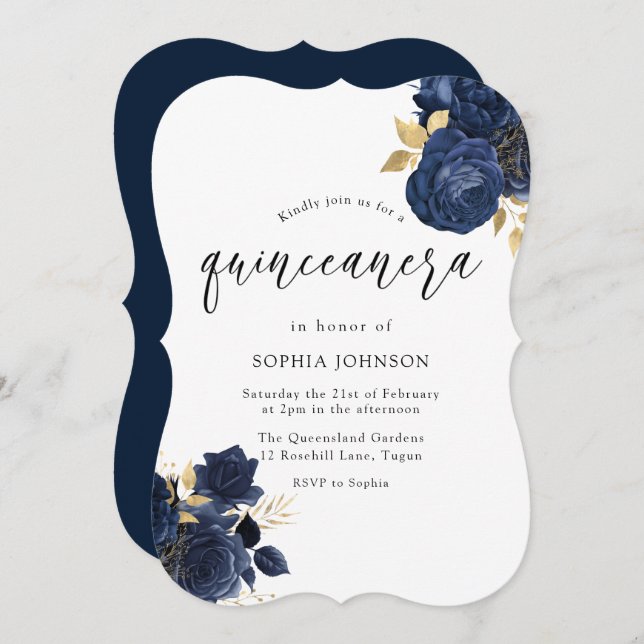 Navy Indigo Blue Floral Gold Leaf Quinceanera Invitation (Front/Back)