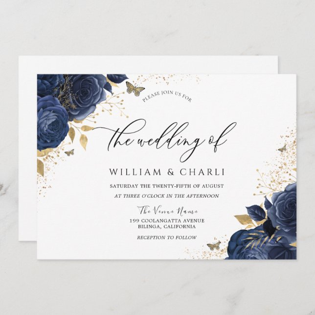 Navy Indigo Blue Flowers Butterfly Wedding Invitation (Front/Back)