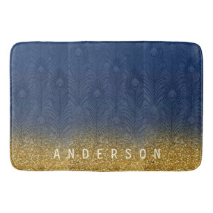 Navy Indigo Blue Glitter Gold Feather Personalised Bath Mat