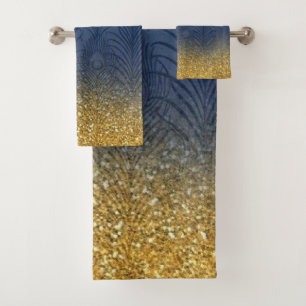 Navy Indigo Blue Glitter Gold Feather Personalised Bath Towel Set