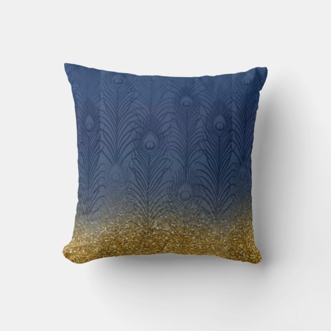 Navy Indigo Blue Glitter Gold Peacock Feather Cushion (Front)