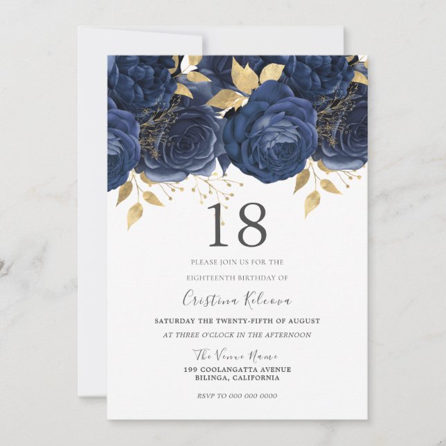 Navy Indigo Blue & Gold Floral 18th Birthday Party Invitation (Front)