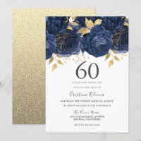 Navy Indigo Blue & Gold Floral 60th Birthday Party