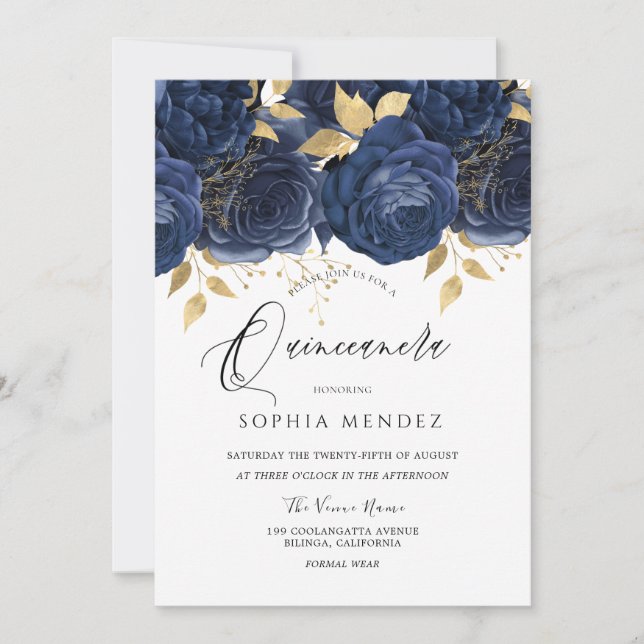 Navy Indigo Blue & Gold Floral Quinceanera Party Invitation (Front)
