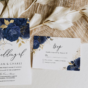 Navy Indigo Blue & Gold Floral Wedding RSVP Card