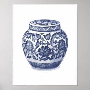 Navy Indigo Blue Pretty Floral Ginger Jar Pattern Poster