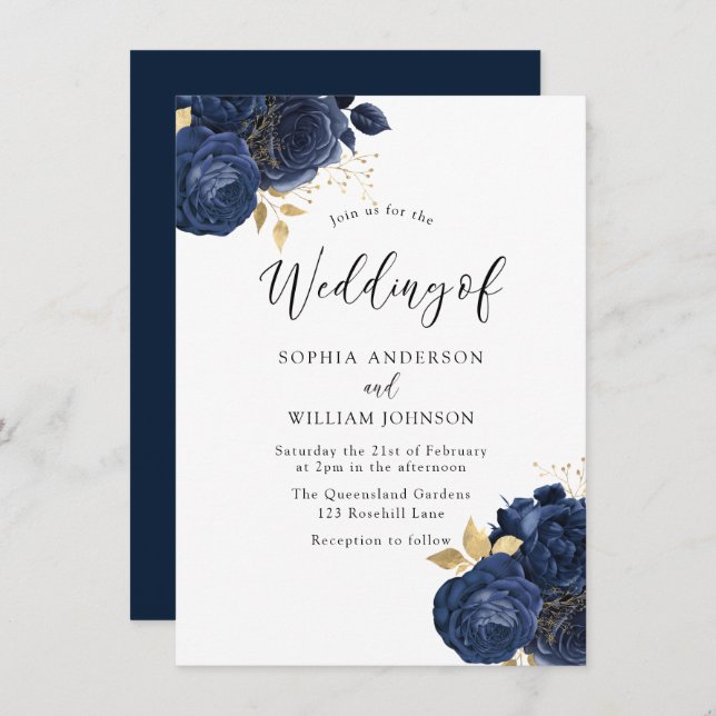 Navy Indigo Flowers Elegant All Seasons Wedding Invitation (Front/Back)