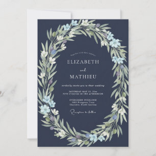 Navy Indigo Leafy Wedding Invitation