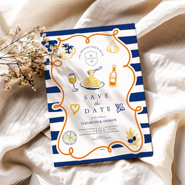Navy Italian Food Wedding Doodles Save The Date (Creator Uploaded)