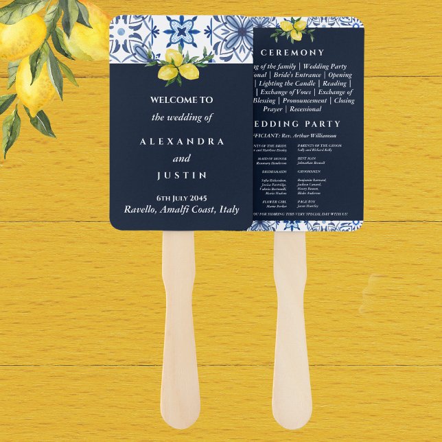 Navy Italian Lemon Mediterranean Wedding Program Hand Fan (Creator Uploaded)