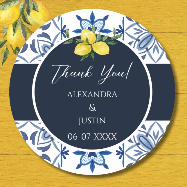 Navy Italian Lemon Mediterranean Wedding Thank You Classic Round Sticker (Creator Uploaded)