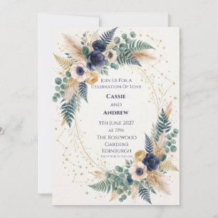 Navy Ivory Anemone Gold Celestial Wedding Invitation