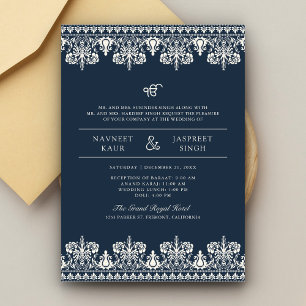 Navy Ivory Damask Border Anand Karaj Sikh Wedding Invitation