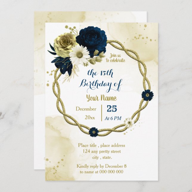 Navy ivory floral gold wreath birthday party invitation (Front/Back)