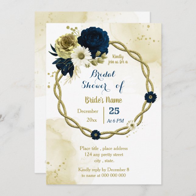 Navy ivory floral gold wreath bridal shower invitation (Front/Back)