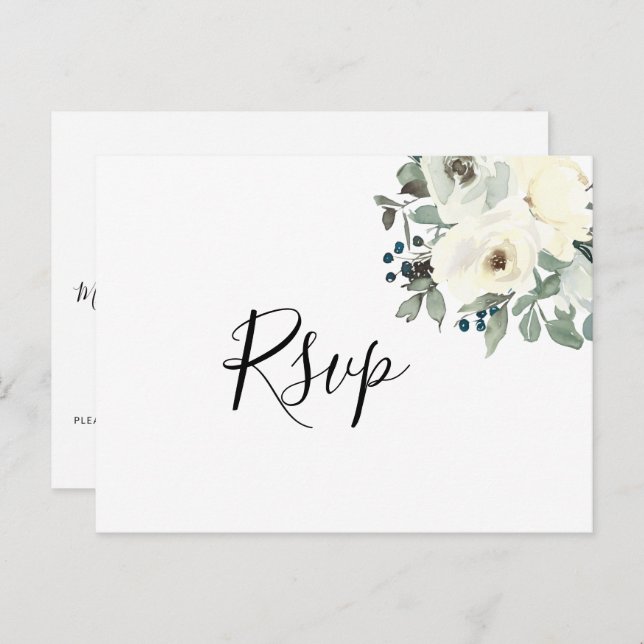 Navy Ivory Floral RSVP Postcard with Meal Choice (Front/Back)