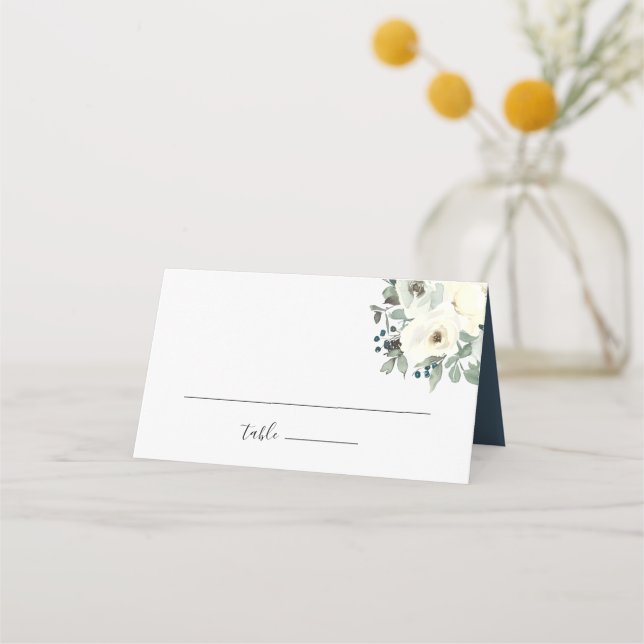 Navy Ivory Floral Wedding Place Card (Front)