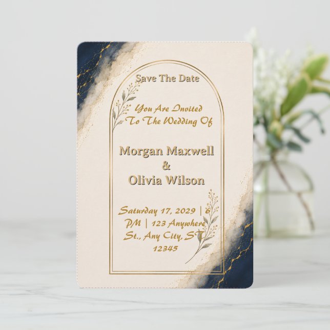 Navy Ivory Gold Arch Wedding Invitation (Standing Front)
