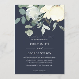 NAVY IVORY WHITE FLORAL WATERCOLOR BUNCH WEDDING INVITATION