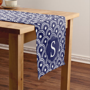 Navy Japanese Scallops Pattern Monogram Short Table Runner
