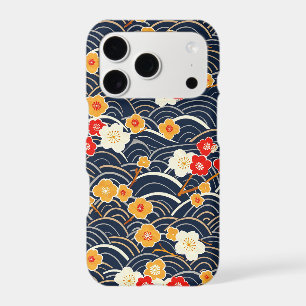 Navy Japanese Wave Plum Blossom Floral Pattern