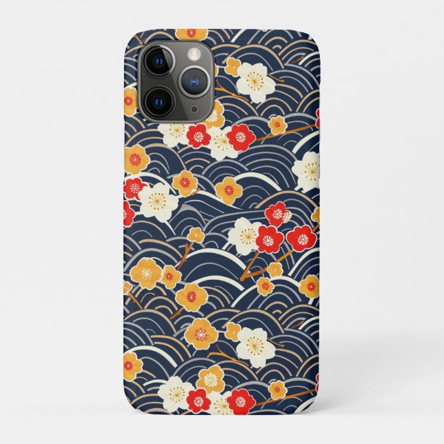 Navy Japanese Wave Plum Blossom Floral Pattern Case-Mate iPhone Case (Back)