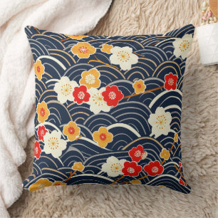Navy Japanese Wave Plum Blossom Floral Pattern Cushion