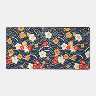 Navy Japanese Wave Plum Blossom Floral Pattern Desk Mat