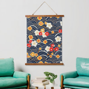 Navy Japanese Wave Plum Blossom Floral Pattern Hanging Tapestry